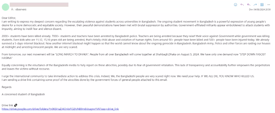 This is a screengrab of an email sent to the France 24 Observers team on August 5, 2024 by a “concerned student of Bangladesh”. The Google Drive link shared contains photos and videos of protests over the previous days.