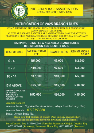 NBA ABUJA: (UNITY BAR) NOTICE OF PAYMENT OF BRANCH DUES