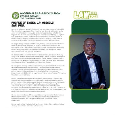 Chief Emeka Obegolu, SAN, to Be Honoured by NBA Eti-Osa Branch for Outstanding Contributions to the Legal Profession