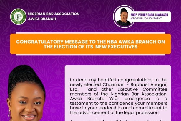 Prof. Foluke Dada-Lawanson Congratulates Newly Elected Executives of NBA Awka Branch