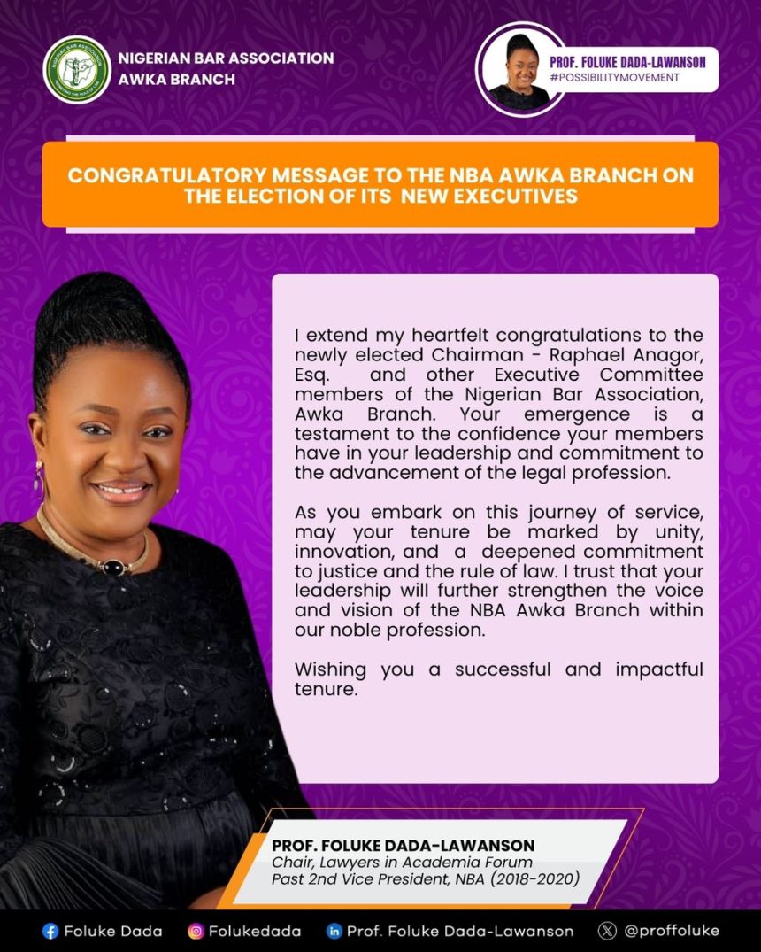 Prof. Foluke Dada-Lawanson Congratulates Newly Elected Executives of NBA Awka Branch
