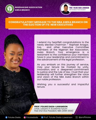 Prof. Foluke Dada-Lawanson Congratulates Newly Elected Executives of NBA Awka Branch