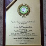 Aare Olumuyiwa Akinboro, SAN Honoured at NBA Garki Branch YLF Law and Inclusive Development Summit 2025