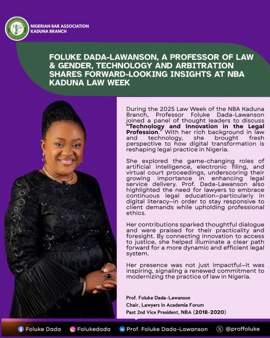 Prof. Foluke Dada-Lawanson Champions Tech-Driven Legal Transformation at NBA Kaduna 2025 Law Week