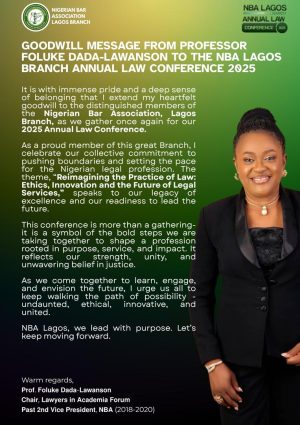 Prof. Foluke Dada-Lawanson Delivers Stirring Goodwill Message at NBA Lagos Branch Annual Law Conference 2025