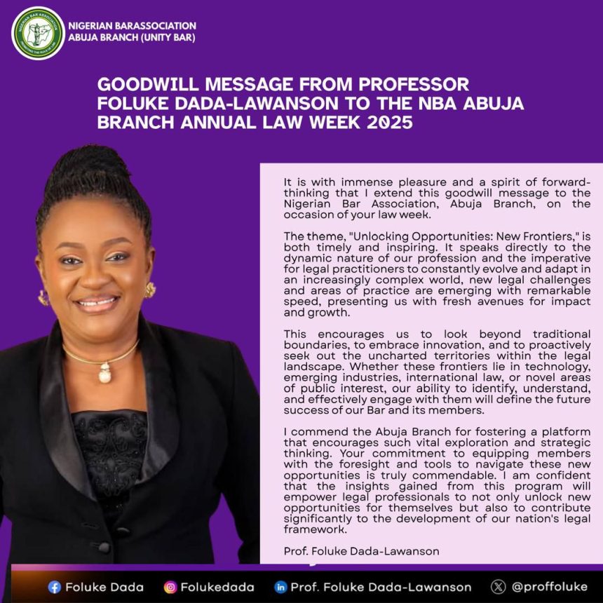 Prof. Foluke Dada-Lawanson Salutes NBA Abuja Branch on Visionary Law Week Theme