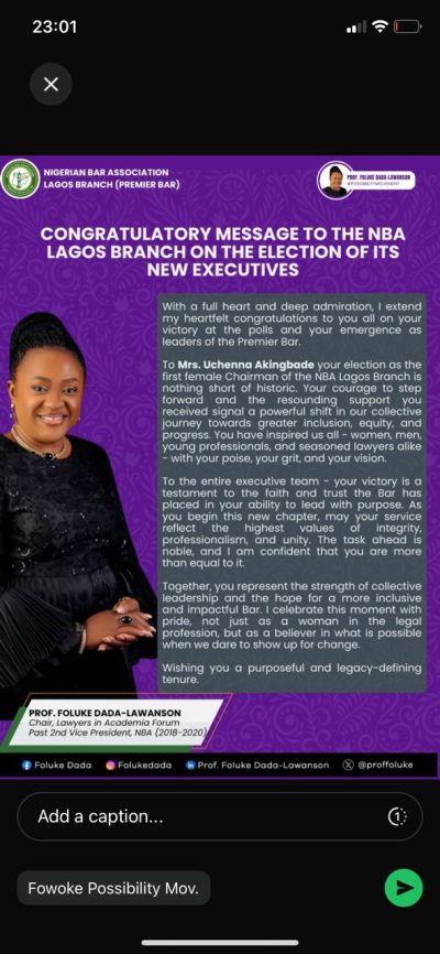 Premier Bar Elects New Executive Committee: Prof. Foluke Dada-Lawanson Salutes Uchenna Akingbade and Team