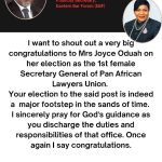 Barth Okoye Aniche, Esq. Celebrates Joyce Oduah’s Historic Election as First Female Secretary General of PALU