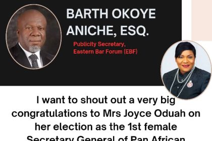 Barth Okoye Aniche, Esq. Celebrates Joyce Oduah’s Historic Election as First Female Secretary General of PALU