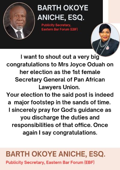 Barth Okoye Aniche, Esq. Celebrates Joyce Oduah’s Historic Election as First Female Secretary General of PALU