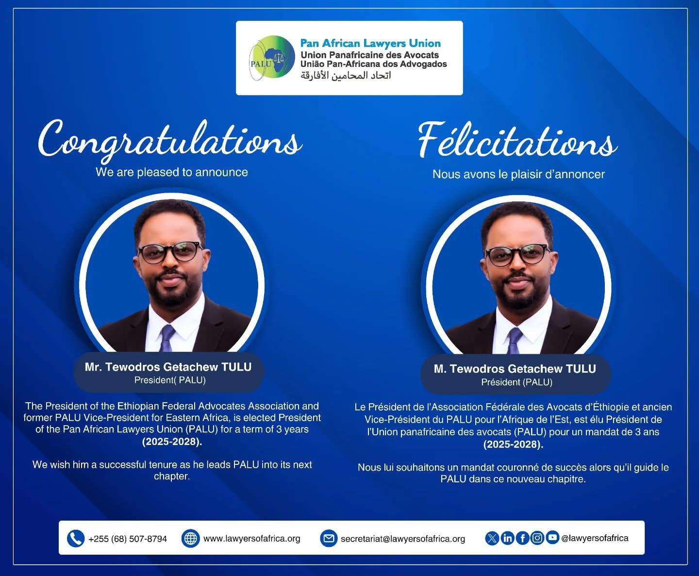 CHIEF EMEKA JP OBEGOLU, SAN HAILS NEWLY ELECTED LEADERSHIP OF THE PAN AFRICAN LAWYERS UNION (PALU)