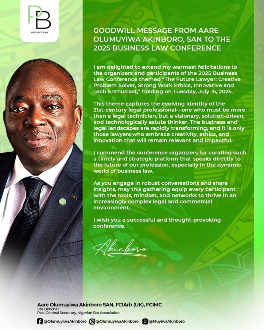 Aare Olumuyiwa Akinboro, SAN, Inspires a Bold Legal Renaissance at 2025 Business Law Conference
