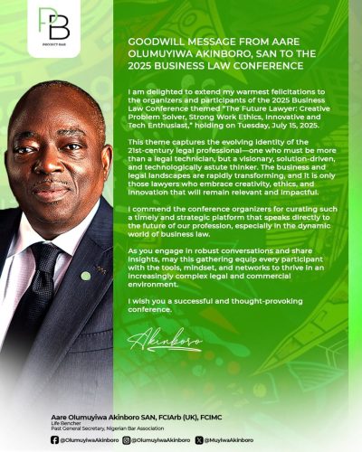 Aare Olumuyiwa Akinboro, SAN, Inspires a Bold Legal Renaissance at 2025 Business Law Conference