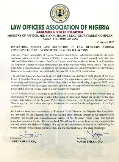 LOAN Condemns Unlawful Arrest of Anambra State Law Officers, Demands Accountability from Police