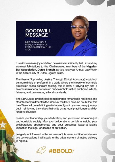NBA Dutse Branch Set for Law Week 2025: Mrs. Oyinkansola Badejo-Okusanya Urges Lawyers to Champion Justice Through Ethical Advocacy