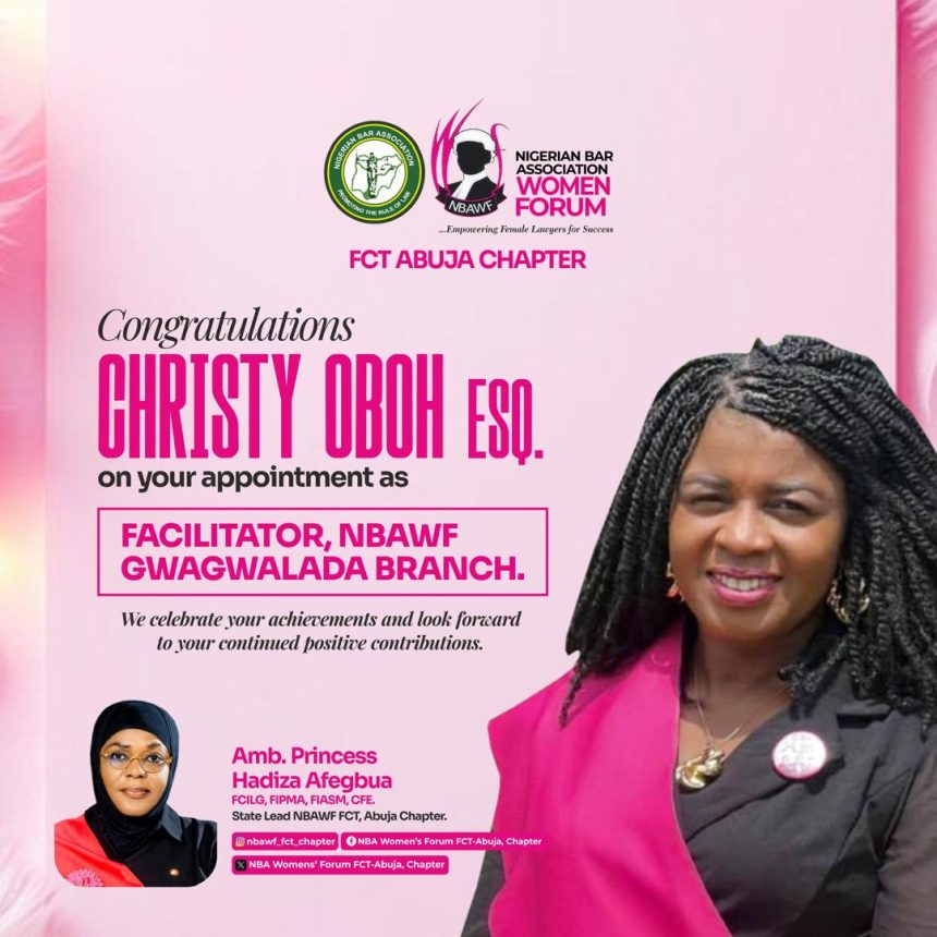 NBAWF Gwagwalada Branch Appoints Christy Oboh Esq. as Facilitator