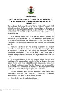 General Council of the Bar Passes Vote of Confidence on NBA President, Endorses Continued Implementation of MCPD Rules”