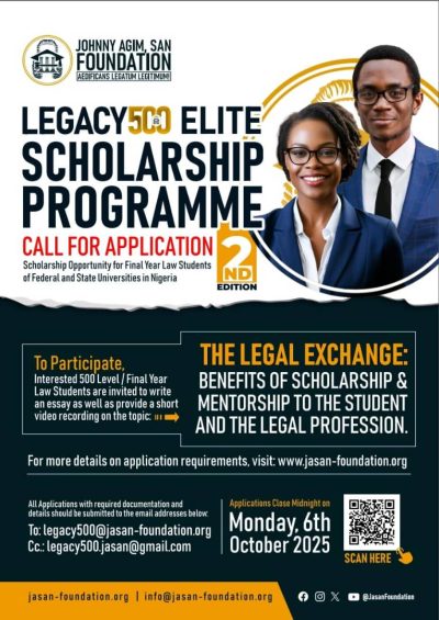 JOHNNY AGIM, SAN FOUNDATION SCHOLARSHIP OPPORTUNITY FOR THE NIGERIAN LAW SCHOOL BAR PART II 2025/2026 SESSION