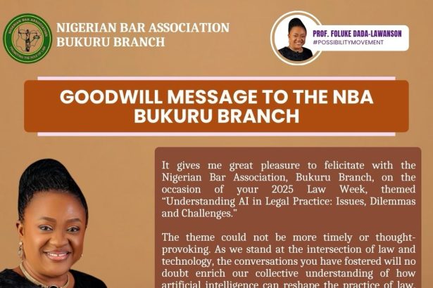 Prof. Foluke Dada-Lawanson Commends NBA Bukuru Branch on 2025 Law Week, Applauds Focus on Artificial Intelligence in Legal Practice