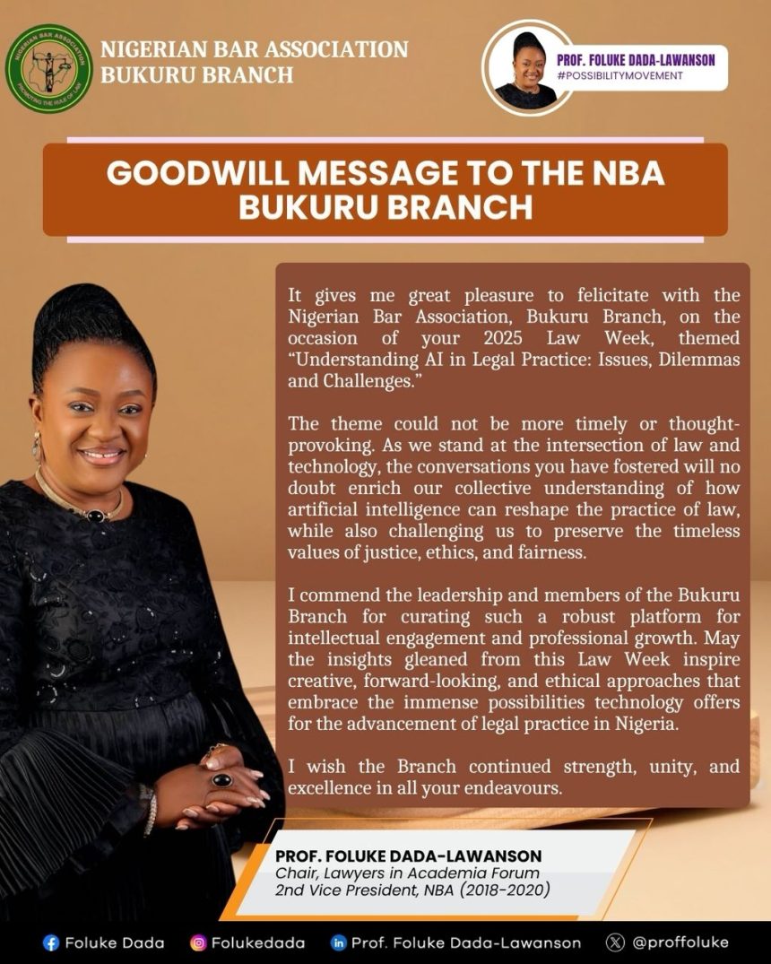 Prof. Foluke Dada-Lawanson Commends NBA Bukuru Branch on 2025 Law Week, Applauds Focus on Artificial Intelligence in Legal Practice