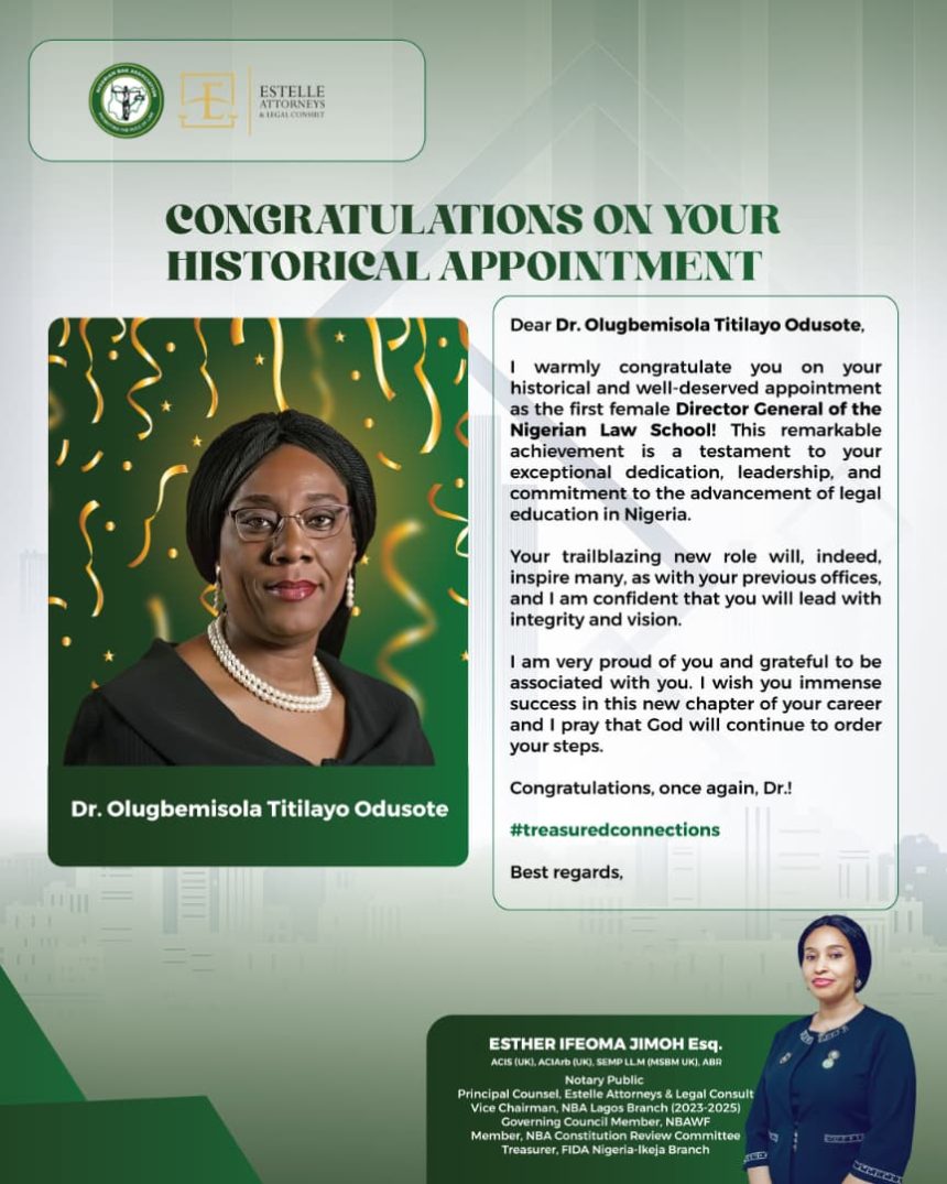 Nigerian Law School: Esther Ifeoma Jimoh, Esq., Celebrates Dr. Olugbemisola Titilayo Odusote on Her Appointment as First Female Director-General of the Nigerian Law School