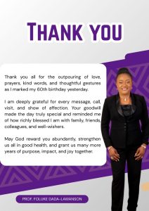 Prof Foluke Dada-Lawanson Expresses Gratitude for Outpouring of Love as She Marks 60th Birthday