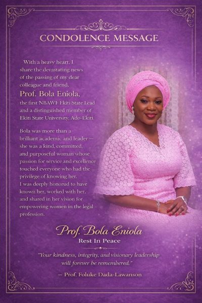 Prof. Foluke Dada-Lawanson Mourns Passing of Prof. Bola Eniola, First NBAWF Ekiti State Lead