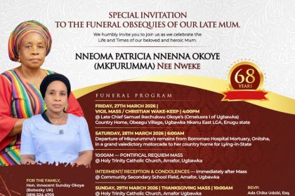 Special Invitation: Ada Chika Udobi, Esq., Past Vice Chairman, NBA Onitsha Branch, Announces Funeral Obsequies of Her Late Mother