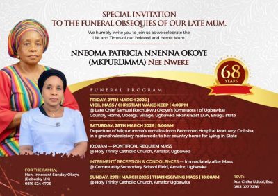 Special Invitation: Ada Chika Udobi, Esq., Past Vice Chairman, NBA Onitsha Branch, Announces Funeral Obsequies of Her Late Mother