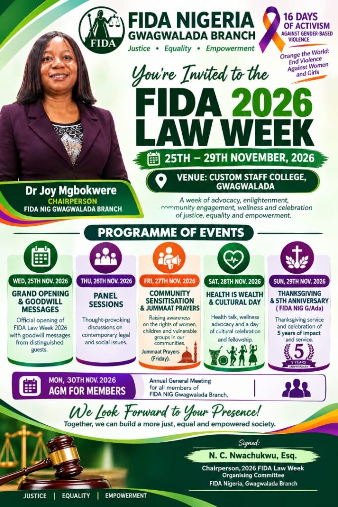 FIDA Gwagwalada Announces 2026 Law Week on Justice, Equality, Women and Child Protection