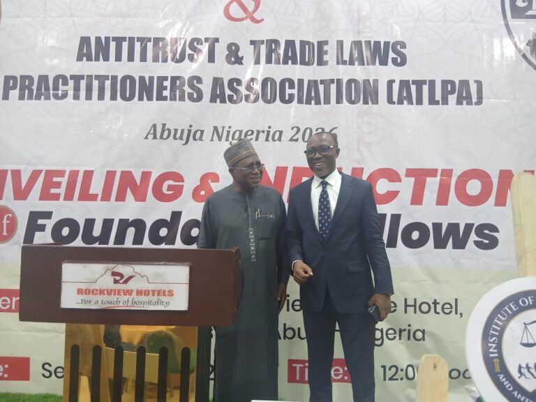 Chief Paul-Harris Ogbole, SAN, with pioneer Foundation Fellows and guests at the unveiling and investiture of the Institute of Competition and Antitrust Practitioners in Abuja.