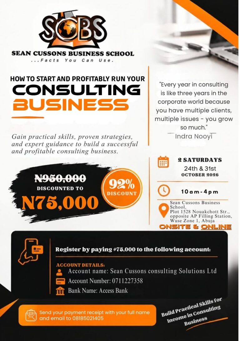 Sean Cussons Business School Announces ₦75,000 Training on Building a Profitable Consulting Business