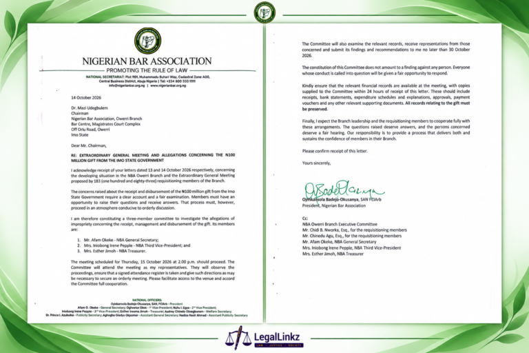 NBA President’s letter constituting a committee to investigate the Owerri Branch’s ₦100 million gift.