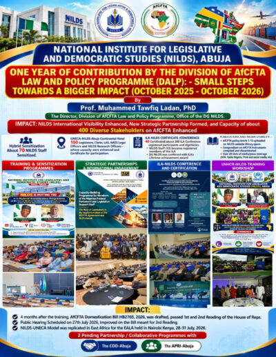 NILDS AfCFTA Division anniversary graphic highlighting achievements under Professor Muhammed Tawfiq Ladan.
