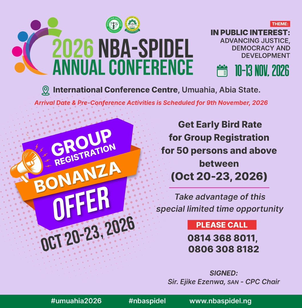 2026 NBA-SPIDEL Annual Conference, Umuahia, 10 to 13 November 2026: early bird group registration offer, 20 to 23 October.