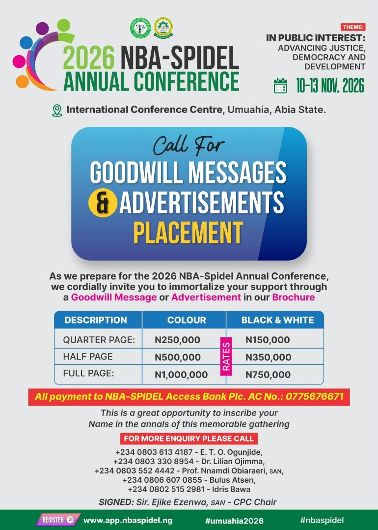 2026 NBA-SPIDEL Annual Conference: call for goodwill messages and advertisements in the conference brochure.